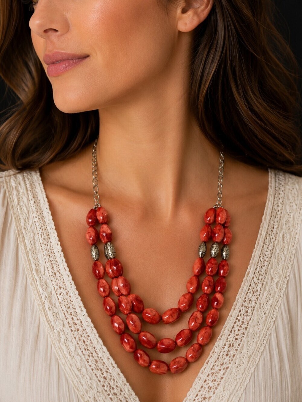 VTG Marbled Coral Acrylic Beaded Layered Chain Necklace